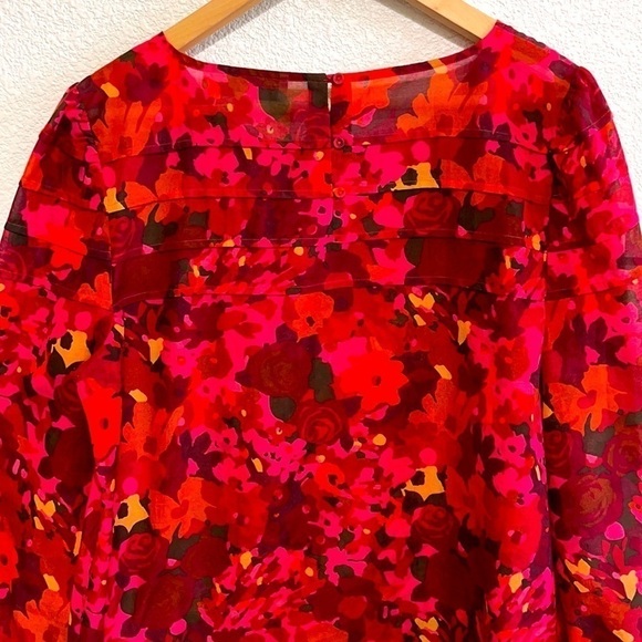 Loft Red Orange Tiered Floral Sheer Woman Blouse - Picture 4 of 11